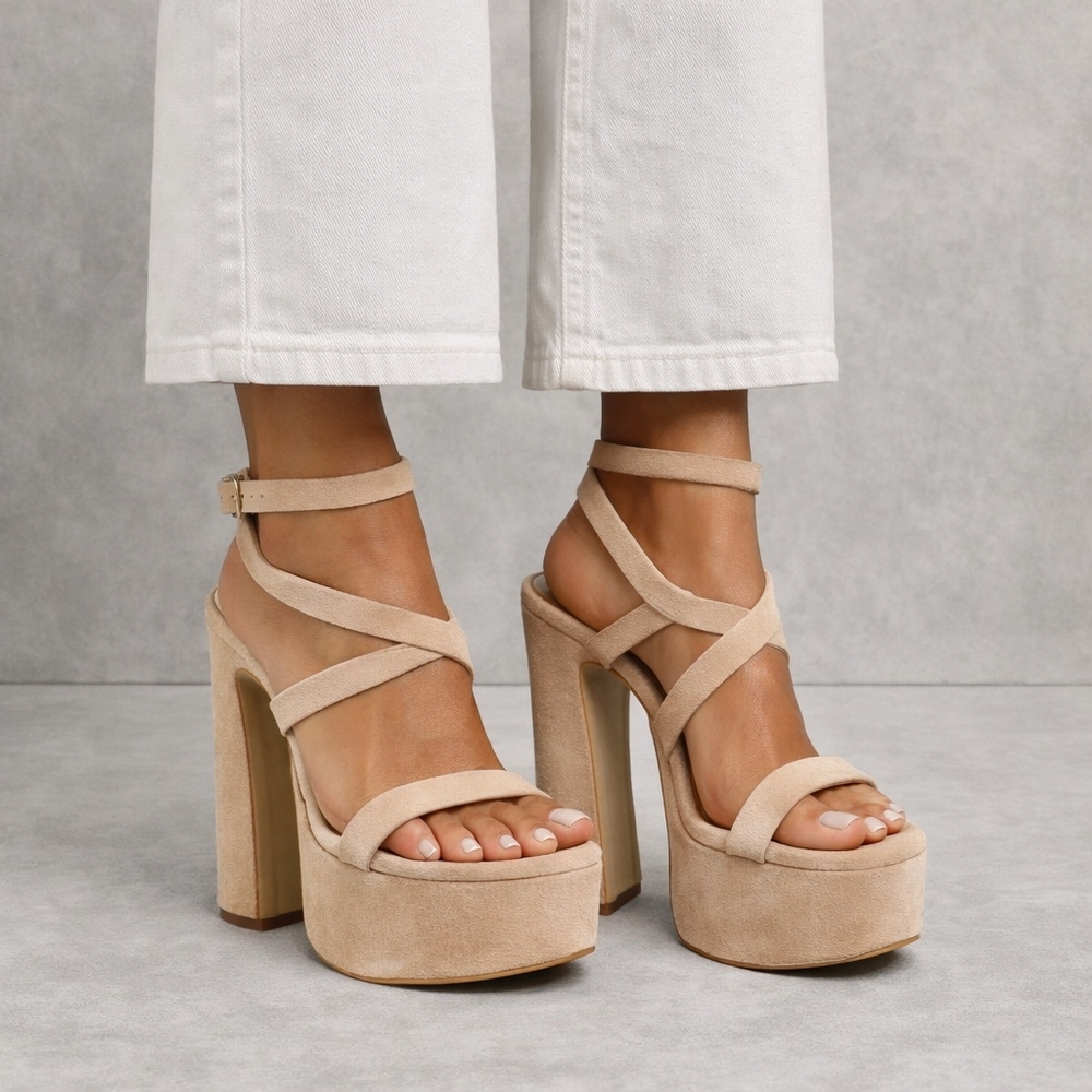 Gianni Bini Platform Heeled Sandals 8.5 Nude Cream Suede Margee Wrap Y2K New$110